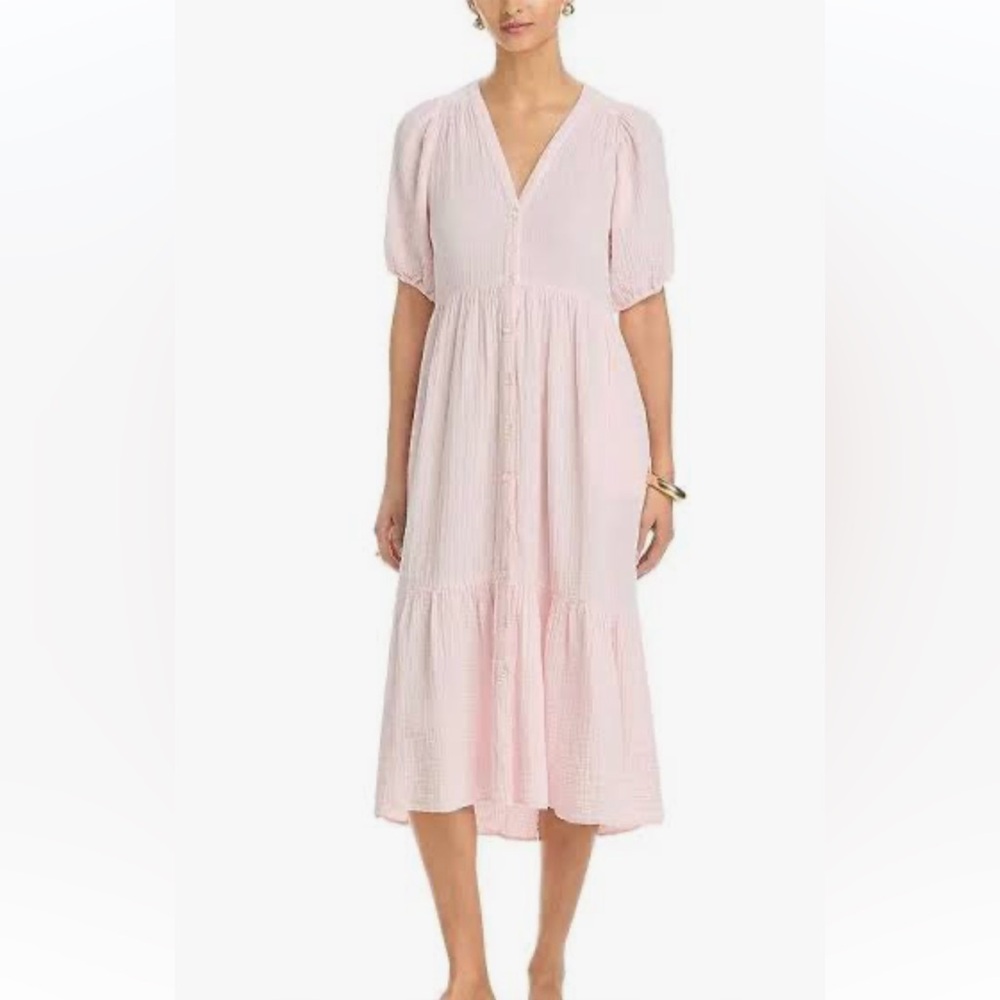 NWOT Xirena pink cotton tiered midi button down dress, size M
